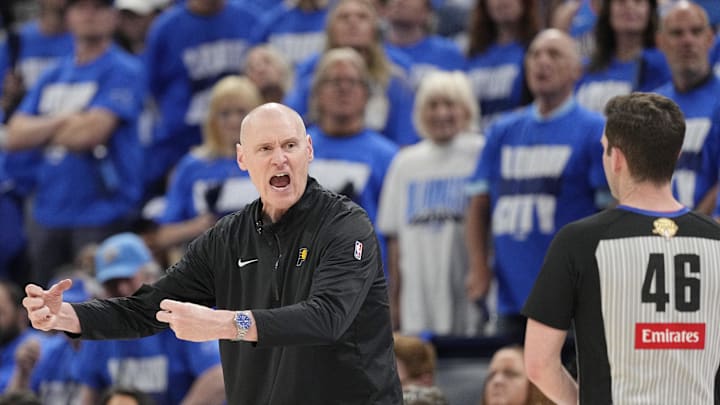 Jun 8, 2025; Oklahoma City, Oklahoma, USA; Indiana Pacers head coach Rick Carlisle talks with referee Ben Taylor following a play against the Oklahoma City Thunder during the second half during game two of the 2025 NBA Finals at Paycom Center. Mandatory Credit: Kyle Terada-Imagn Images