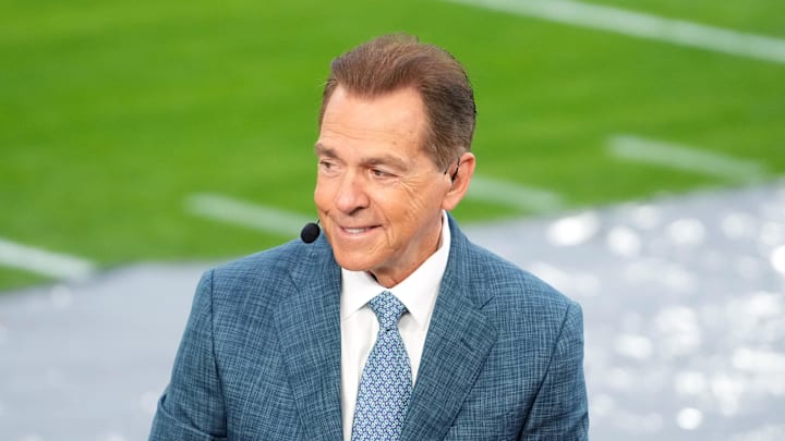 Jan 1, 2026; Pasadena, CA, USA; Nick Saban on the ESPN College Gameday set during the 2026 Rose Bowl and quarterfinal game of the College Football Playoff at Rose Bowl Stadium. Mandatory Credit: Kirby Lee-Imagn Images