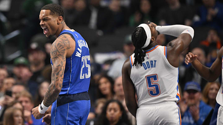 Jan 17, 2025; Dallas, Texas, USA; Dallas Mavericks forward P.J. Washington (25) celebrates after he makes a basket against the Oklahoma City Thunder during the first quarter at the American Airlines Center. Mandatory Credit: Jerome Miron-Imagn Images