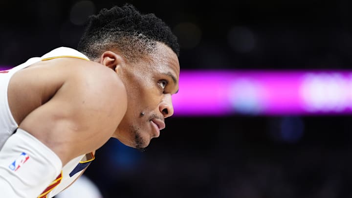 Mar 12, 2025; Denver, Colorado, USA; Denver Nuggets guard Russell Westbrook (4) during the second half against the Minnesota Timberwolves at Ball Arena. Mandatory Credit: Ron Chenoy-Imagn Images