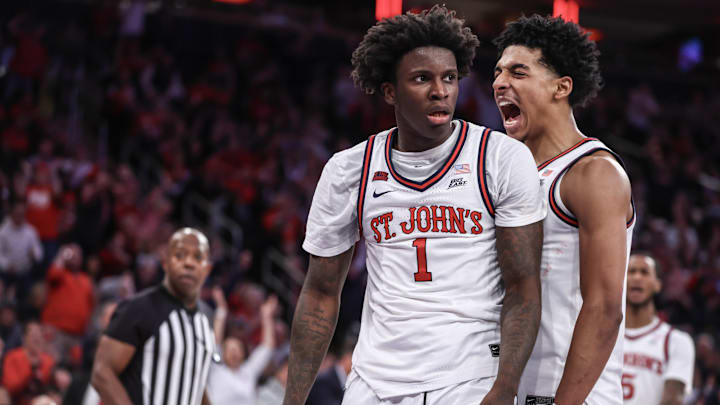Nov 17, 2024; New York, New York, USA;  St. John's basketball guards Kadary Richmond (1) and RJ Luis Jr. (12) celebrate in the second half against the New Mexico Lobos at Madison Square Garden.