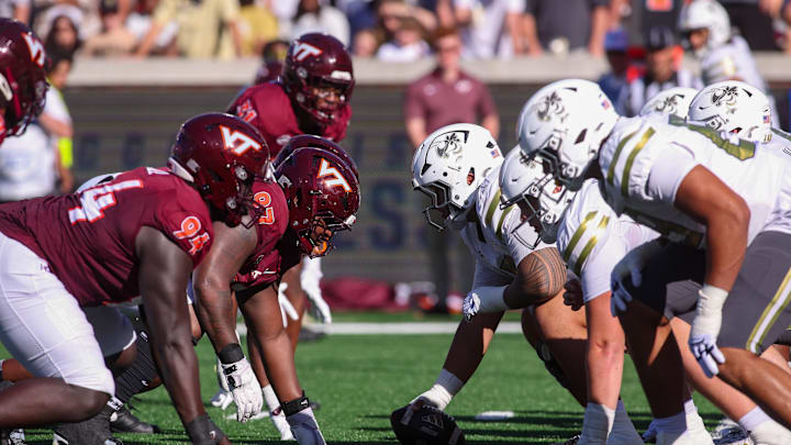 Oct 11, 2025; Atlanta, Ga.; A general view of the line of scrimmage during a game between Virginia Tech and Georgia Tech. Oct 11, 2025; Atlanta, Ga.; A general view of the line of scrimmage during a game between Virginia Tech and Georgia Tech.