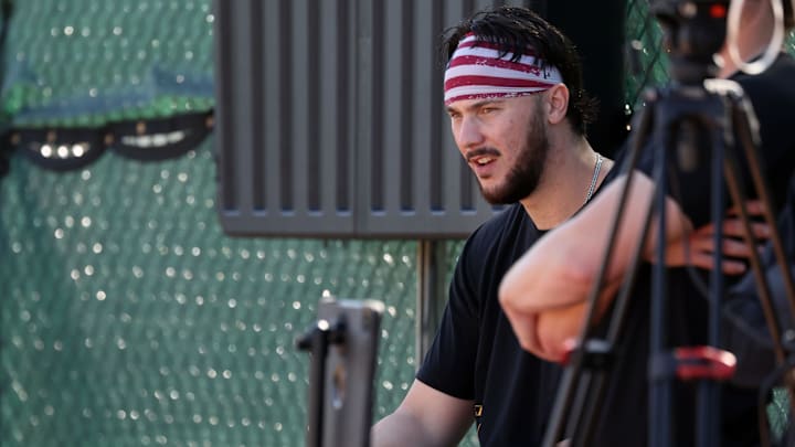 Pittsburgh Pirates pitcher Paul Skenes (30) looks on during spring training workouts at Pirate City on Feb 14.