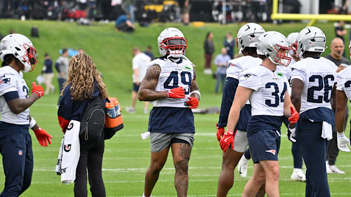 Jun 9, 2025; Foxborough, MA, USA; New England Patriots running back Trayveon Williams (49) is seen during the stretching period during minicamp at Gillette Stadium. Mandatory Credit: Eric Canha-Imagn Images