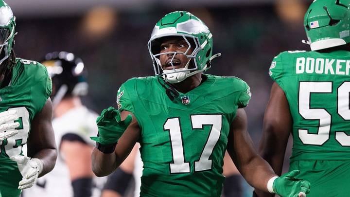 Nov 3, 2024; Philadelphia, Pennsylvania, USA; Philadelphia Eagles linebacker Nakobe Dean (17) in a game against the Jacksonville Jaguars during the third quarter at Lincoln Financial Field. Mandatory Credit: Bill Streicher-Imagn Images