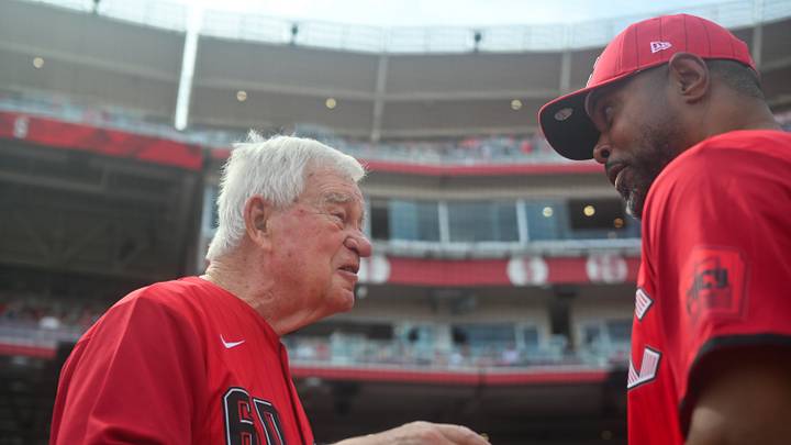 Apr 11, 2026; Cincinnati, Ohio, USA; Reds’ owner Bob Castellini, left, talks with former player and Hall of Fame Barry Larkin before the game between the Los Angeles Angels and the Cincinnati Reds at Great American Ball Park. Mandatory Credit: Aaron Doster-Imagn Images Apr 11, 2026; Cincinnati, Ohio, USA; Reds’ owner Bob Castellini, left, talks with former player and Hall of Fame Barry Larkin before the game between the Los Angeles Angels and the Cincinnati Reds at Great American Ball Park. Mandatory Credit: Aaron Doster-Imagn Images