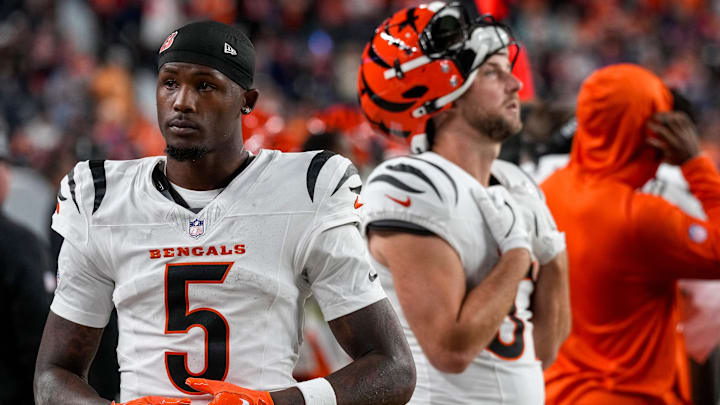 Cincinnati Bengals wide receiver Tee Higgins (5) walks the sideline in the fourth quarter of the NFL Week 4 Monday Night Football game between the Denver Broncos and the Cincinnati Bengals at Empower Field at Mile High in Denver on Monday, Sept. 29, 2025. The Bengals fell to 2-2 with a 28-3 loss to the Broncos.