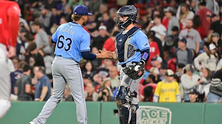 Tampa Bay Rays pitcher Edwin Uceta (63) celebrates after defeating the Boston Red Sox at Fenway Park on Sept 27.