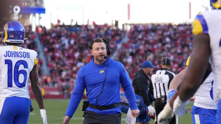 Jan 7, 2024; Santa Clara, California, USA; Los Angeles Rams head coach Sean McVay waits to congratulate players after a two-point conversion against the San Francisco 49ers during the fourth quarter at Levi's Stadium. Mandatory Credit: Darren Yamashita-USA TODAY Sports