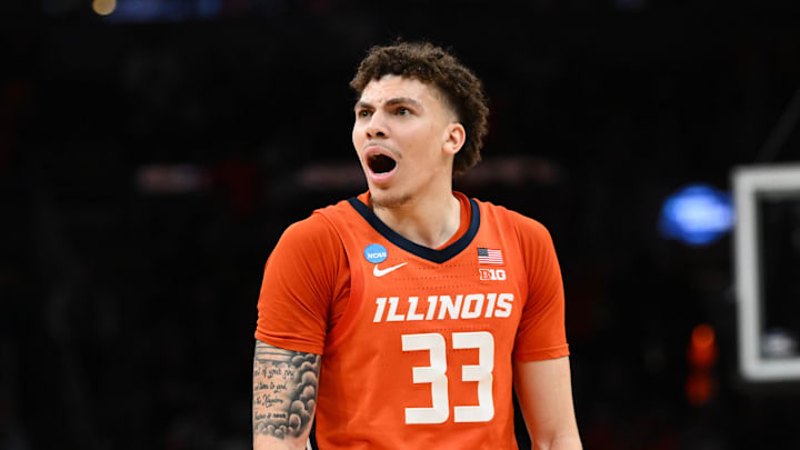 Mar 28, 2024; Boston, MA, USA; Illinois Fighting Illini forward Coleman Hawkins (33) reacts against the Iowa State Cyclones in the semifinals of the East Regional of the 2024 NCAA Tournament at TD Garden. Mandatory Credit: Brian Fluharty-USA TODAY Sports