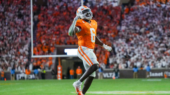 Tennessee running back Dylan Sampson (6) celebrates after making a touchdown during a NCAA football game between Tennessee and Florida in Neyland Stadium, in Knoxville, Tenn., Oct. 12, 2024.