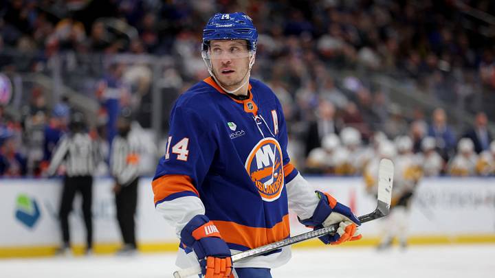 Mar 30, 2026; Elmont, New York, USA; New York Islanders center Bo Horvat (14) reacts during the second period against the Pittsburgh Penguins at UBS Arena. Mandatory Credit: Brad Penner-Imagn Images