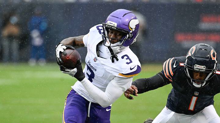 Sep 20, 2026; Chicago, Illinois, USA; Minnesota Vikings wide receiver Jordan Addison (3) runs against Chicago Bears cornerback Jaylon Johnson (1) during the first half at Soldier Field. Mandatory Credit: Matt Marton-Imagn Images