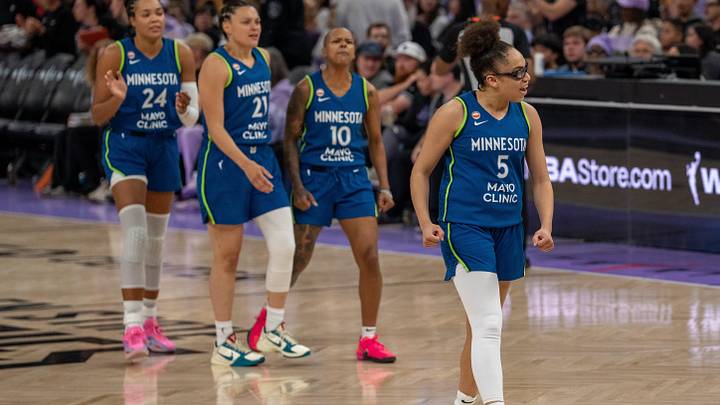 Aug 19, 2026; San Francisco, California, USA; Minnesota Lynx guard Olivia Miles (5) celebrates after the basket against the Golden State Valkyries during the third quarter at Chase Center. Mandatory Credit: Neville E. Guard-Imagn Images