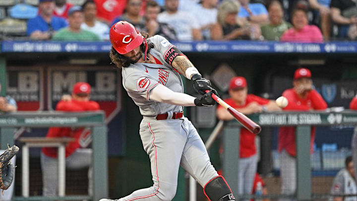 Jun 14, 2023; Kansas City, Missouri, USA;  Cincinnati Reds designated hitter Jonathan India (6) hits