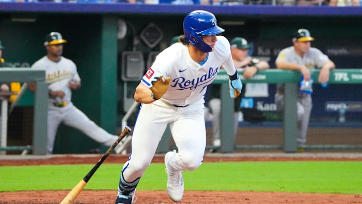 Kansas City Royals designated hitter Jac Caglianone (14) hits a single against the Athletics in the fourth inning at Kauffman Stadium on June 13. 