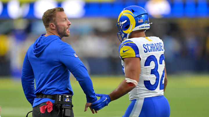 Aug 9, 2025; Inglewood, California, USA; Los Angeles Rams head coach Sean McVay congratulates running back Cody Schrader (32) after a touchdown during the second half against the Dallas Cowboys at SoFi Stadium. Mandatory Credit: Jayne Kamin-Oncea-Imagn Images Aug 9, 2025; Inglewood, California, USA; Los Angeles Rams head coach Sean McVay congratulates running back Cody Schrader (32) after a touchdown during the second half against the Dallas Cowboys at SoFi Stadium. Mandatory Credit: Jayne Kamin-Oncea-Imagn Images