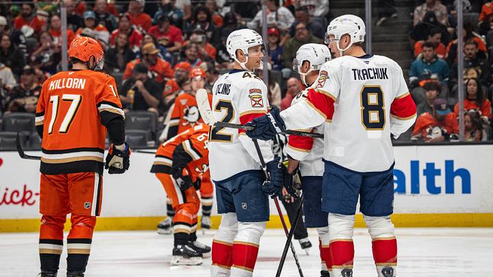 Oct 4, 2026; Anaheim, California, USA; Florida Panthers defenseman Gustav Forsling (42) and Florida Panthers left wing Brady Tkachuk (8) talk between plays against the Anaheim Ducks during the second period at Honda Center. Mandatory Credit: Corinne Votaw-Imagn Images Oct 4, 2026; Anaheim, California, USA; Florida Panthers defenseman Gustav Forsling (42) and Florida Panthers left wing Brady Tkachuk (8) talk between plays against the Anaheim Ducks during the second period at Honda Center. Mandatory Credit: Corinne Votaw-Imagn Images