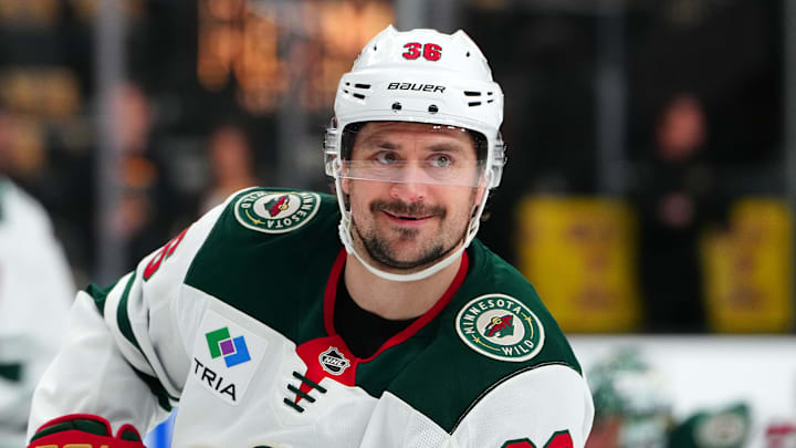 Apr 29, 2025; Las Vegas, Nevada, USA; Minnesota Wild right wing Mats Zuccarello (36) warms up before the start of game five of the first round of the 2025 Stanley Cup Playoffs against the Vegas Golden Knights at T-Mobile Arena. Mandatory Credit: Stephen R. Sylvanie-Imagn Images
