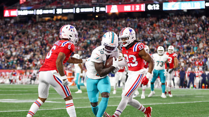 Miami Dolphins receiver Tyreek Hill (10) scores a touchdown during the first half against the New England Patriots at Gillette Stadium last season. Miami Dolphins receiver Tyreek Hill (10) scores a touchdown during the first half against the New England Patriots at Gillette Stadium last season.