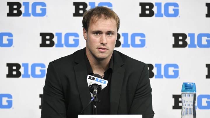Jul 24, 2024; Indianapolis, IN, USA; Michigan State Spartans tight end Jack Velling speaks to the media during the Big 10 football media day at Lucas Oil Stadium. Mandatory Credit: Robert Goddin-USA TODAY Sports Jul 24, 2024; Indianapolis, IN, USA; Michigan State Spartans tight end Jack Velling speaks to the media during the Big 10 football media day at Lucas Oil Stadium. Mandatory Credit: Robert Goddin-USA TODAY Sports