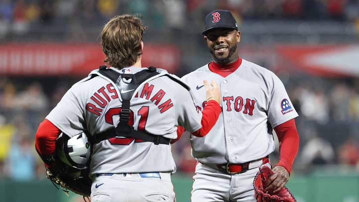 Aug 15, 2026; Pittsburgh, Pennsylvania, USA; Boston Red Sox catcher Adley Rutschman (31) and relief pitcher Aroldis Chapman (44) celebrate a shutout of the Pittsburgh Pirates at PNC Park. Mandatory Credit: Charles LeClaire-Imagn Images Aug 15, 2026; Pittsburgh, Pennsylvania, USA; Boston Red Sox catcher Adley Rutschman (31) and relief pitcher Aroldis Chapman (44) celebrate a shutout of the Pittsburgh Pirates at PNC Park. Mandatory Credit: Charles LeClaire-Imagn Images