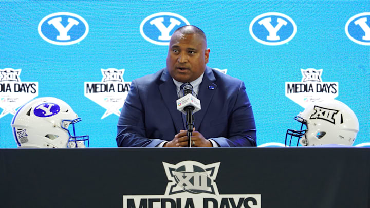 Jul 8, 2025; Frisco, TX, USA; BYU head coach Kalani Sitake addresses the media during 2025 Big 12 Football Media Days at The Star. Mandatory Credit: Raymond Carlin III-Imagn Images