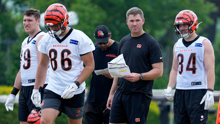 Cincinnati Bengals head coach Zac Taylor watches during a session of organized team activities on the Bengals practice field at Paycor Stadium in downtown Cincinnati on Tuesday, June 3, 2025.