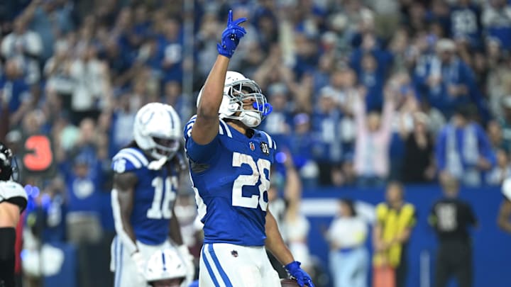 Dec 28, 2025; Indianapolis, Indiana, USA; Indianapolis Colts running back Jonathan Taylor (28) celebrates after a touchdown during the first half against the Jacksonville Jaguars at Lucas Oil Stadium. 