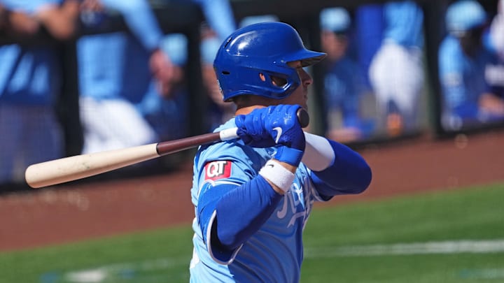 Mar 11, 2024; Surprise, Arizona, USA; Kansas City Royals first baseman Nick Pratto (32) bats against the San Francisco Giants during the first inning at Surprise Stadium. Mandatory Credit: Joe Camporeale-Imagn Images