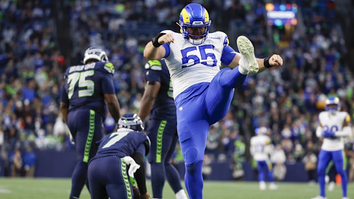 Nov 3, 2024; Seattle, Washington, USA; Los Angeles Rams defensive tackle Braden Fiske (55) celebrates following a sack against Seattle Seahawks quarterback Geno Smith (7) during the fourth quarter at Lumen Field. Mandatory Credit: Joe Nicholson-Imagn Images