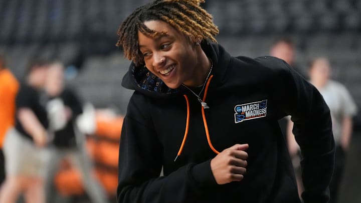 Tennessee's Ruby Whitehorn (2) warming up for practice at the NCAA college basketball tournament on Friday, March 28, 2025, in Birmingham, AL.