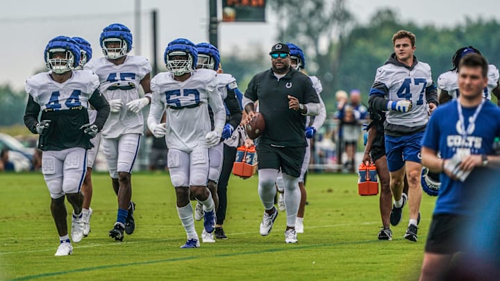 The Indianapolis Colts's runs drills at the Indianapolis Colts Training Camp, held at Grand Park on