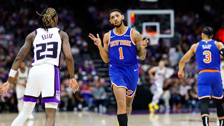 Mar 10, 2025; Sacramento, California, USA; New York Knicks guard Cameron Payne (1) celebrates after scoring a basket during the third quarter against the Sacramento Kings at Golden 1 Center. Mandatory Credit: Sergio Estrada-Imagn Images