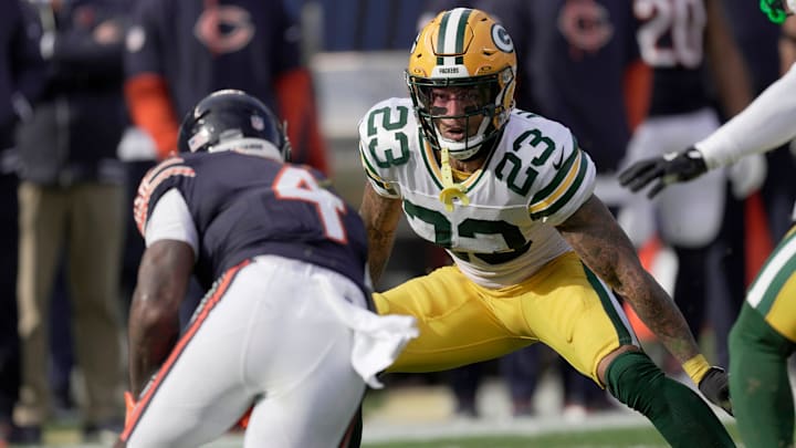 Green Bay Packers cornerback Jaire Alexander (23) tackles Chicago Bears running back D'Andre Swift in what would be hist last game with the team. Green Bay Packers cornerback Jaire Alexander (23) tackles Chicago Bears running back D'Andre Swift in what would be hist last game with the team.