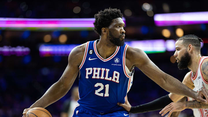Feb 27, 2023; Philadelphia, Pennsylvania, USA; Philadelphia 76ers center Joel Embiid (21) drives