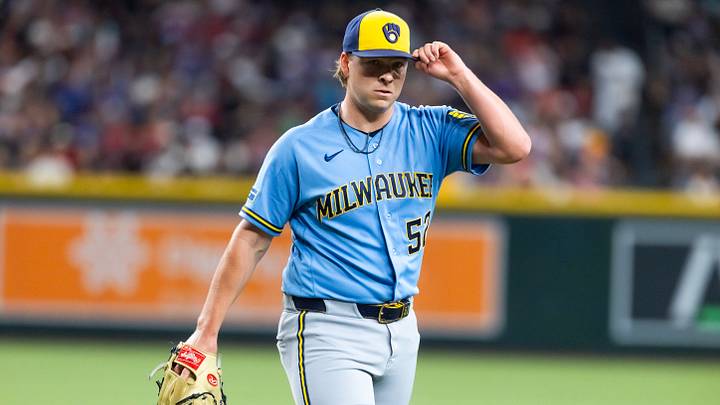 Jul 3, 2026; Phoenix, Arizona, USA; Milwaukee Brewers pitcher Kyle Harrison against the Arizona Diamondbacks at Chase Field. Mandatory Credit: Mark J. Rebilas-Imagn Images Jul 3, 2026; Phoenix, Arizona, USA; Milwaukee Brewers pitcher Kyle Harrison against the Arizona Diamondbacks at Chase Field. Mandatory Credit: Mark J. Rebilas-Imagn Images