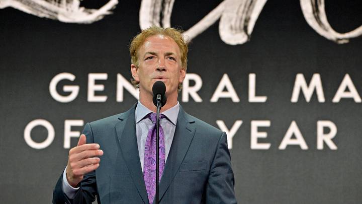 Jul 7, 2022; Montreal, Quebec, CANADA; Colorado Avalanche executive vice president and general manager Joe Sakic speaks after receiving the Jim Gregory general manager of the year award during the first round of the 2022 NHL Draft at Bell Centre. Mandatory Credit: Eric Bolte-Imagn Images