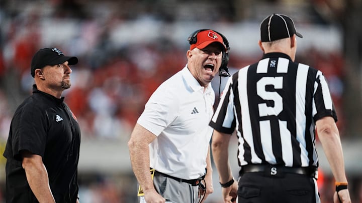Louisville head coach Jeff Brohm yells at an official in the first half during the Louisville-James Madison college football game Friday September 5, 2025 at L&N Credit Union Stadium in Louisville, Kentucky.