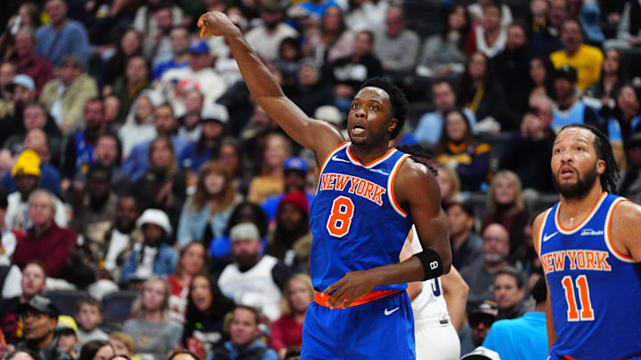 Nov 25, 2024; Denver, Colorado, USA; New York Knicks forward OG Anunoby (8) reacts following a successful three point basket in the second half against the Denver Nuggets at Ball Arena. Mandatory Credit: Ron Chenoy-Imagn Images Nov 25, 2024; Denver, Colorado, USA; New York Knicks forward OG Anunoby (8) reacts following a successful three point basket in the second half against the Denver Nuggets at Ball Arena. Mandatory Credit: Ron Chenoy-Imagn Images