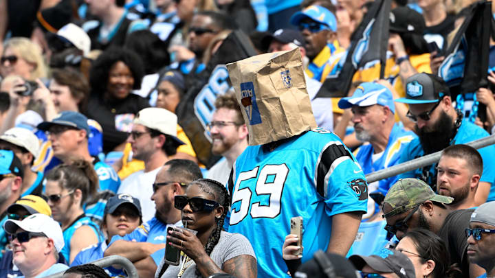 Sep 15, 2024; Charlotte, North Carolina, USA;  Carolina Panthers fan reacts in the fourth quarter at Bank of America Stadium. Mandatory Credit: Bob Donnan-Imagn Images