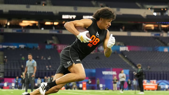 Feb 28, 2026; Indianapolis, IN, USA; Washington wideout Denzel Boston (WO08) during the NFL Scouting Combine at Lucas Oil Stadium. Feb 28, 2026; Indianapolis, IN, USA; Washington wideout Denzel Boston (WO08) during the NFL Scouting Combine at Lucas Oil Stadium.