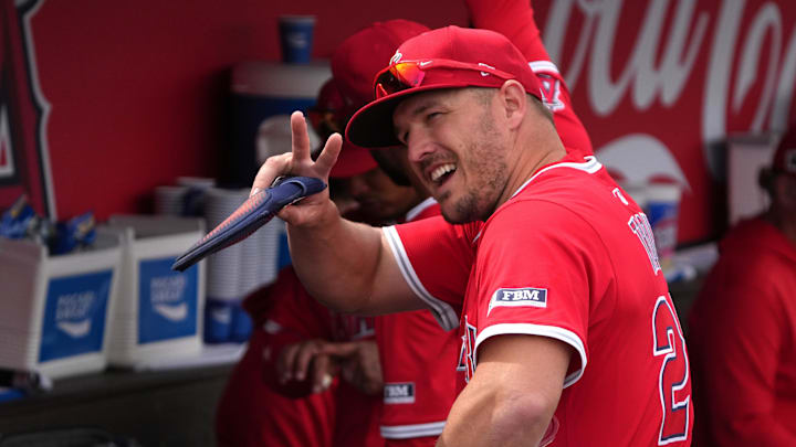 Mar 5, 2025; Tempe, Arizona, USA; Los Angeles Angels outfielder Mike Trout (27) gets ready for a game against the Los Angeles Dodgers at Tempe Diablo Stadium. Mandatory Credit: Rick Scuteri-Imagn Images
