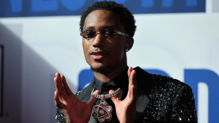 Jun 26, 2024; Brooklyn, NY, USA; Ron Holland arrives before the first round of the 2024 NBA Draft at Barclays Center. Mandatory Credit: Brad Penner-USA TODAY Sports Jun 26, 2024; Brooklyn, NY, USA; Ron Holland arrives before the first round of the 2024 NBA Draft at Barclays Center. Mandatory Credit: Brad Penner-USA TODAY Sports