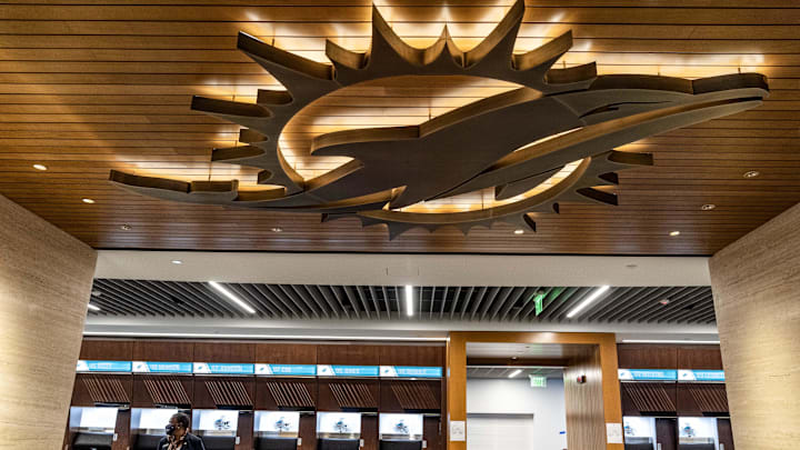 Jul 20, 2021; Miami Gardens, Florida, USA; The locker room for players at the Miami Dolphins new