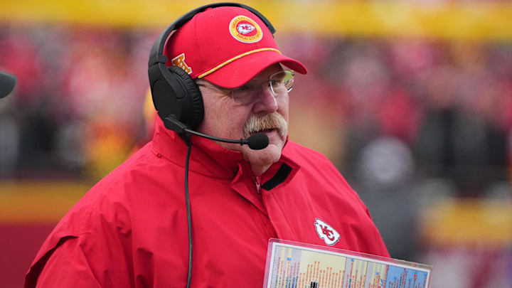 Jan 18, 2025; Kansas City, Missouri, USA; Kansas City Chiefs head coach Andy Reid looks on during the second quarter of a 2025 AFC divisional round game against the Houston Texans at GEHA Field at Arrowhead Stadium. Mandatory Credit: Denny Medley-Imagn Images