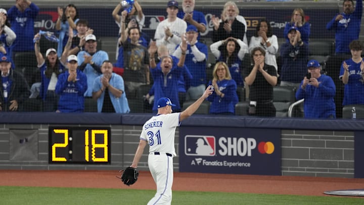 Nov 1, 2025; Toronto, Ontario, CAN; Toronto Blue Jays pitcher Max Scherzer (31) is relieved in the fifth inning against the Los Angeles Dodgers during game seven of the 2025 MLB World Series at Rogers Centre. Nov 1, 2025; Toronto, Ontario, CAN; Toronto Blue Jays pitcher Max Scherzer (31) is relieved in the fifth inning against the Los Angeles Dodgers during game seven of the 2025 MLB World Series at Rogers Centre.
