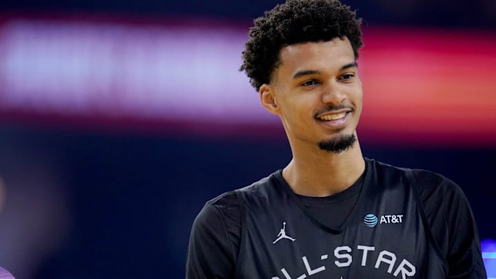 Feb 15, 2025; Oakland, CA, USA; Chuck’s Global Stars forward Victor Wembanyama (1) of the San Antonio Spurs stands on the court during the NBA All Star-Practice at Oracle Arena. Mandatory Credit: Cary Edmondson-Imagn Images