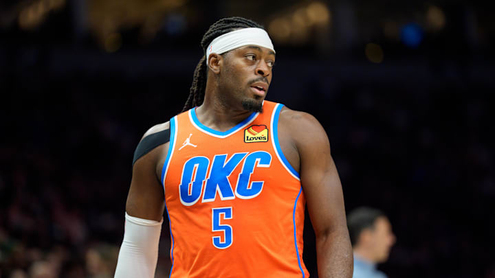 Jan 29, 2026; Minneapolis, Minnesota, USA; Oklahoma City Thunder guard Luguentz Dort (5) during a break in the action against the Minnesota Timberwolves in the third quarter at Target Center. Mandatory Credit: Matt Blewett-Imagn Images