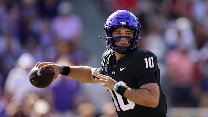 Oct 26, 2024; Fort Worth, Texas, USA;  TCU Horned Frogs quarterback Josh Hoover (10) throws a pass against the Texas Tech Red Raiders in the first quarter at Amon G. Carter Stadium. Mandatory Credit: Tim Heitman-Imagn Images